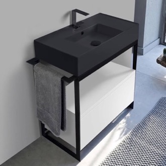 Console Bathroom Vanity Modern Powder Room Console Vanity with Glossy White Cabinet, Black Ceramic Sink, 35 Inch, Free Standing Scarabeo 5123-49-SOL1-01